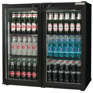 Front view of the Autonumis RPC00001 Hinged Double Door Black Bottle Cooler with display bottles