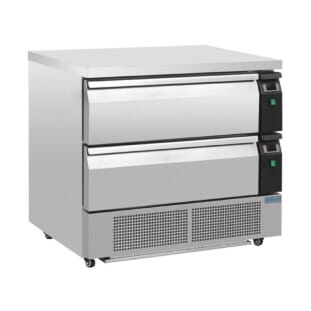 Front view of the Polar DA996 2 x 1/1GN Double Drawer Counter Fridge/Freezer, 179 Litres
