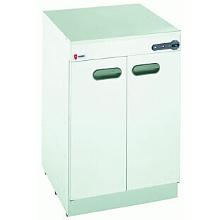 Tilted front view of the Parry 1869 Small Double Door Plate Warmer, 2kW