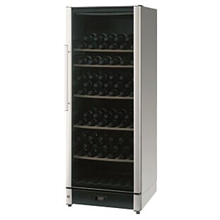 Front view of the Vestfrost FZ295W-SILVER Multi-Zone Wine Cooler, 338 Litres with display bottles