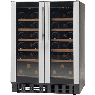Front view of the Vestfrost W38 Undercounter Dual-Zone Wine Cooler, 38 x 0.75 Litres Bottles with display bottles
