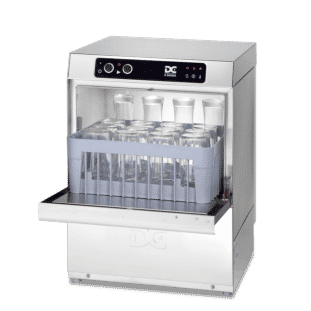 Front view of the DC EG40 Economy Range 400mm Basket Glasswasher, 16 Pint Capacity with open glasses