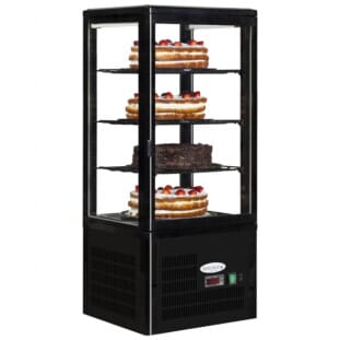 Front view of the Tefcold UPD80 Black Glass Single Door Display, 78 Litres with display cakes