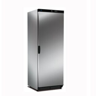 Front view of the Mondial Elite KICNX60LT Single Door Stainless Steel Freezer, 580 Litres
