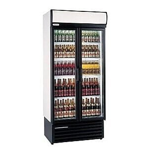 Front view of the Staycold HD890 Hinged Glass Double Door Merchandiser, 700 Litres with display bottles
