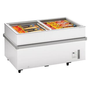 Front view of the Arcaboa 750CHV Island Glass Lid Chest Freezer