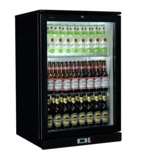 Front view of the Coolpoint HX101 Hinged Glass Single Door Black Bottle Cooler, 120 Litres
