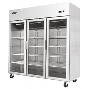 Front view of the Atosa YCF9403GR Slimline Glass Triple Door Upright Fridge, 1390 Litres
