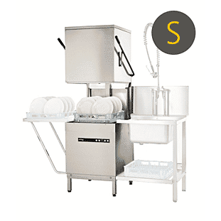 Front view of the Hobart Ecomax H604SW-12B Hood / Passthrough 500mm Basket Dishwasher WRAS Approved, with Water Softener, 18 Plate Capacity
