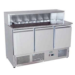 Front view of the Ice-A-Cool ICE3858GR 3 Door Refrigerated Marble-Top Saladette Prep Counter, 380 Litres
