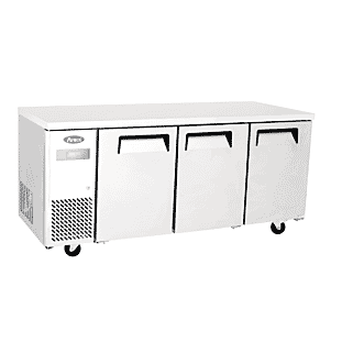 Front view of the Atosa YPF9047GR Wide Triple Door Stainless Steel Undercounter Freezer, 470 Litres
