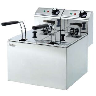 Front view of the Hallco MDF55 Double Basket Double Tank Electric Fryer, 2 x 2.7kW
