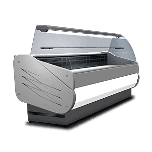 Tilted front view of Sterling Pro SALINA80/100 Serveover Counter Curved Glass