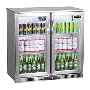 Sterling Pro Green SP2LO-OUT-STS Hinged Double Door Stainless Steel Low Height Bottle Cooler, 180 x 330ml Bottles