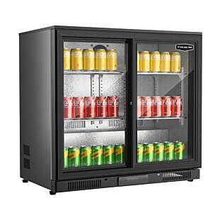 Front view of the Sterling Pro Green SP2HC-BS Sliding Double Door Bottle Cooler, 180 x 330ml Bottles