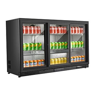 Front view of the Sterling Pro Green SP3HC-BS Sliding Triple Door Bottle Cooler, 274 x 330ml Bottles
